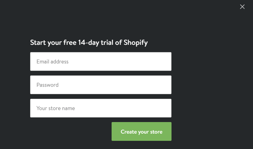 Dette bildet viser Shopify ' s registreringsside og hvordan de optimaliserer den for nye kunder med en kontrasterende CTA, kort form og bruk av gratis i overskriften.