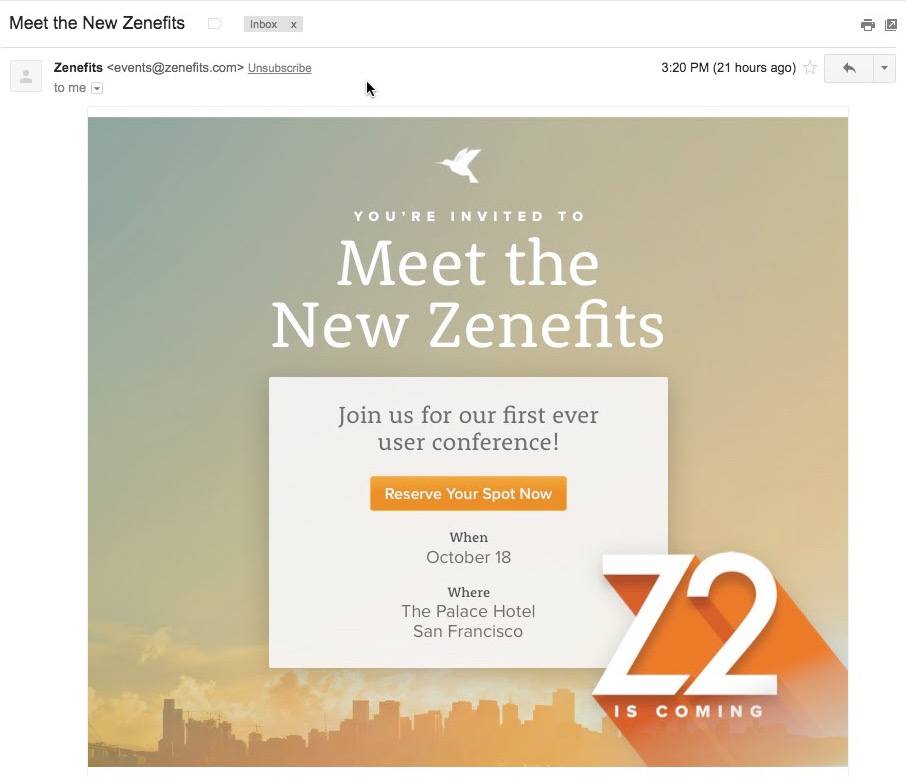 This picture shows marketers how Zenefits uses brand strategy in their email marketing to generate event registrations.