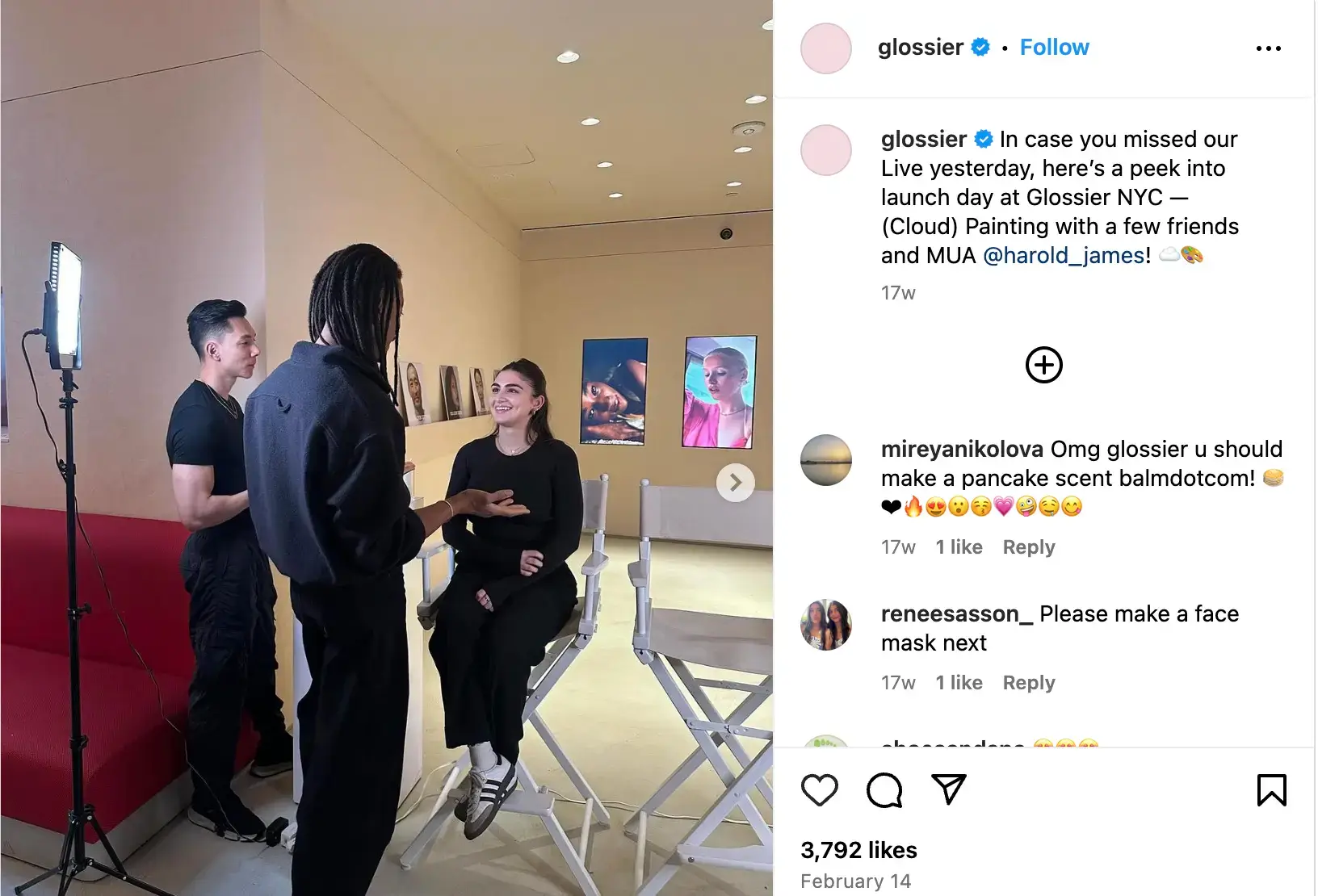 This image shows a screenshot of Instagram post covering Glossier behind the scenes content