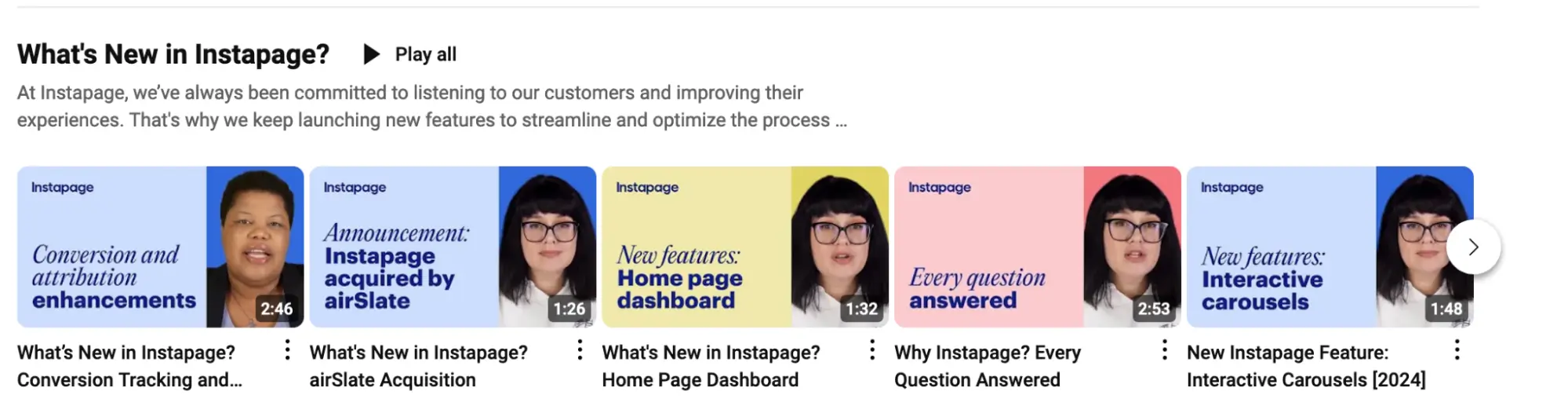 This image shows videos featured on Instapage YouTube channel