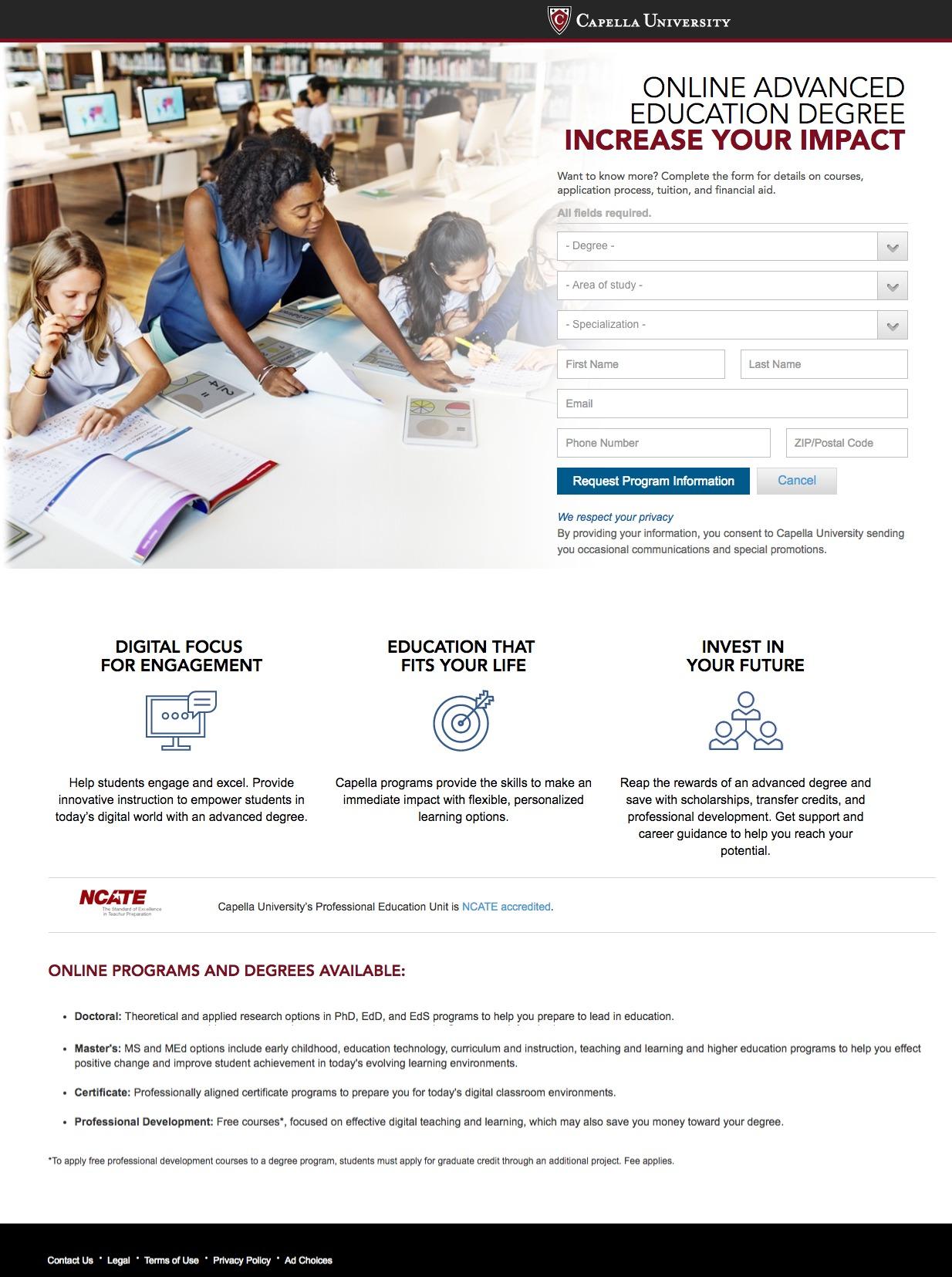 This picture shows marketers how Capella University uses an education landing page to generate new student sign ups.