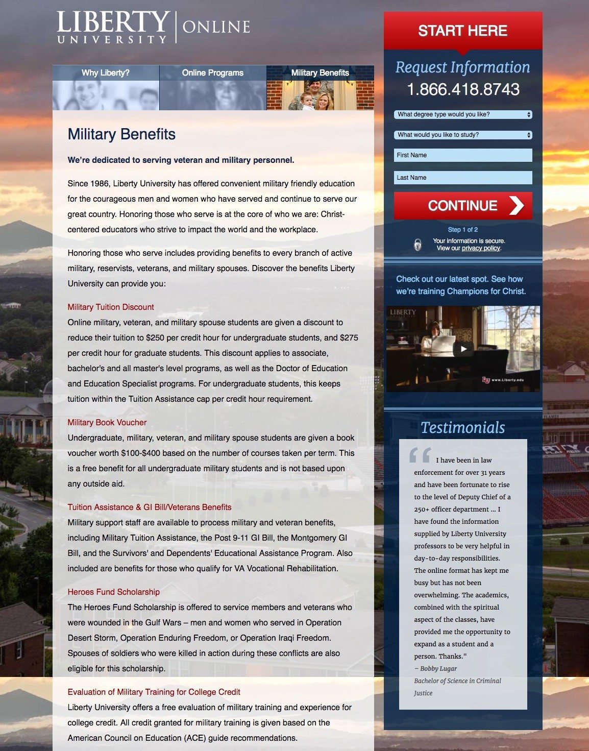 This picture shows marketers how Liberty University uses an education landing page to generate new leads and student sign ups.
