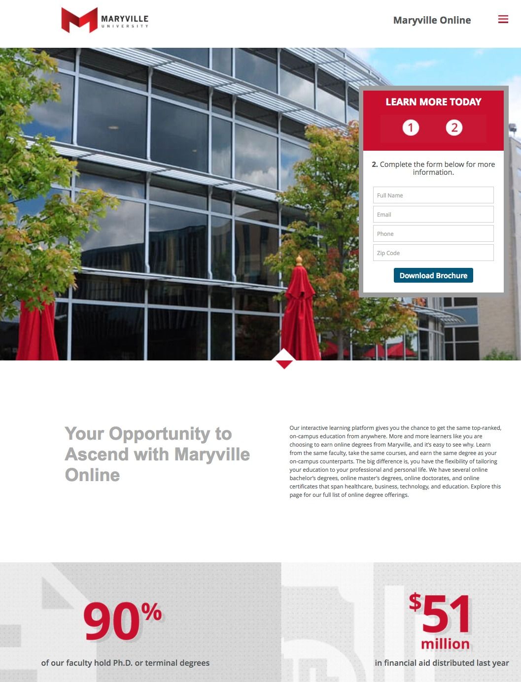 This picture shows marketers how Maryville University uses an education landing page to generate new leads and student sign ups.