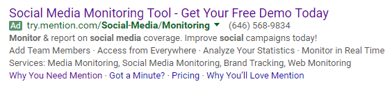 This picture shows marketers how Mention uses message match in its paid search ads to increase audience engagement.