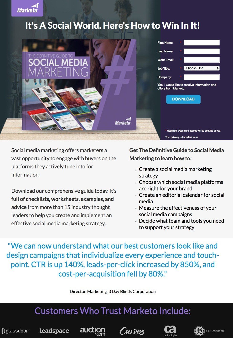 This picture shows how Marketo uses a post-click landing page to generate leads and sales from its social media marketing guide.