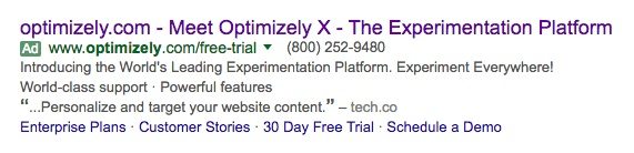 This picture shows Optimizely's PPC ad that sends propsects to an optimized post-click landing page for a free trial.