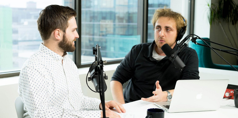 This picture shows the new Instapage marketing podcast featuring CMOs, VPs, and name brand agency guests discussing the latest trends.