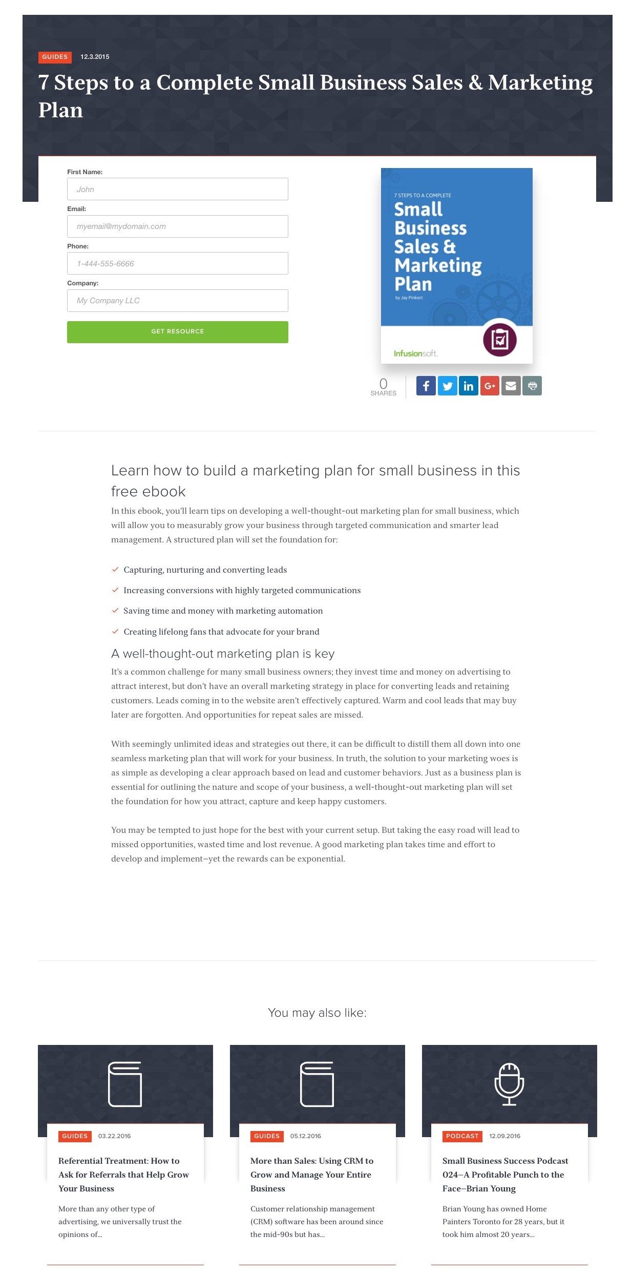 This picture shows marketers an Infusionsoft post-click landing page but fails to optimize it for maximum conversions because it has multiple offers and distractions.