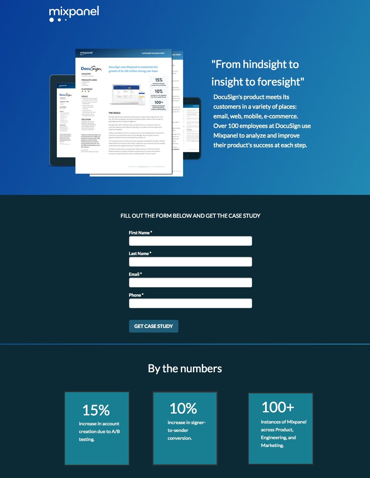 This picture shows marketers how Mixpanel uses post-click landing pages to highlight their customer case studies and generate leads.