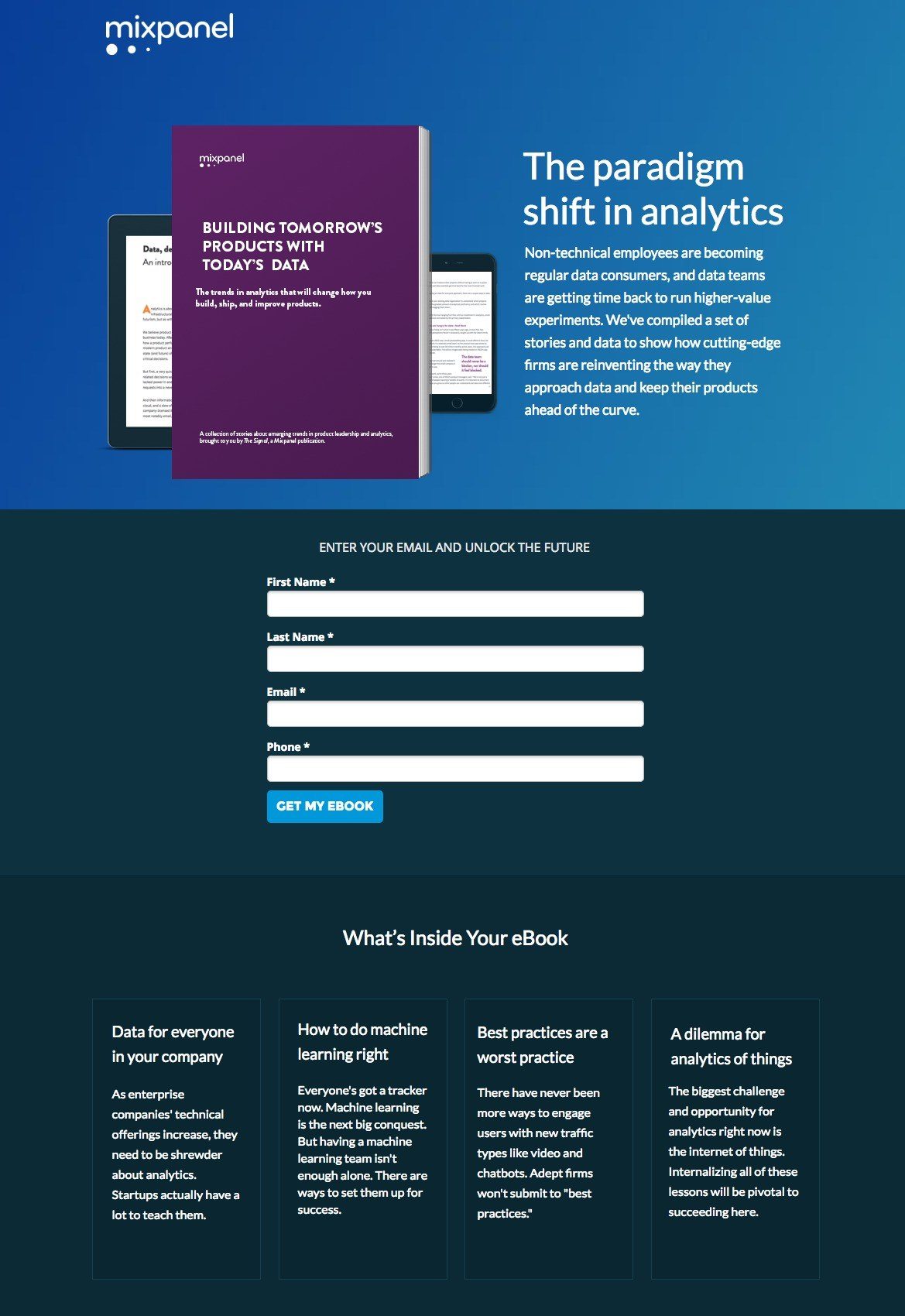 This picture shows marketers how Mixpanel uses post-click landing pages to promote ebooks and nurture them to sales.