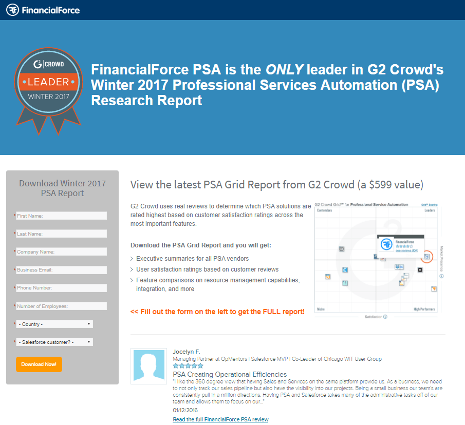 This picture shows marketers how FinancialForce fails to create a good post-click landing page visual hierarchy.