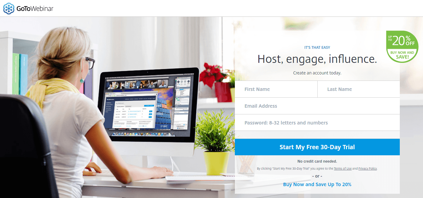 This picture shows marketers how GoToWebinar uses benefit-oriented and personalized CTA copy in their landing page framework.