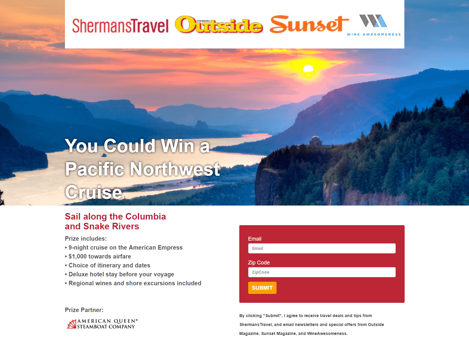 This picture shows marketers how ShermansTravel uses a travel post-click landing page to promote a contest for a cruise.