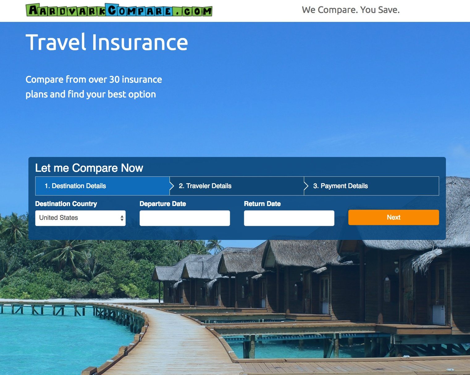 This picture shows marketers how Aardvark Compare uses a travel post-click landing page to generate leads and promote its travel insurance services to prospects.