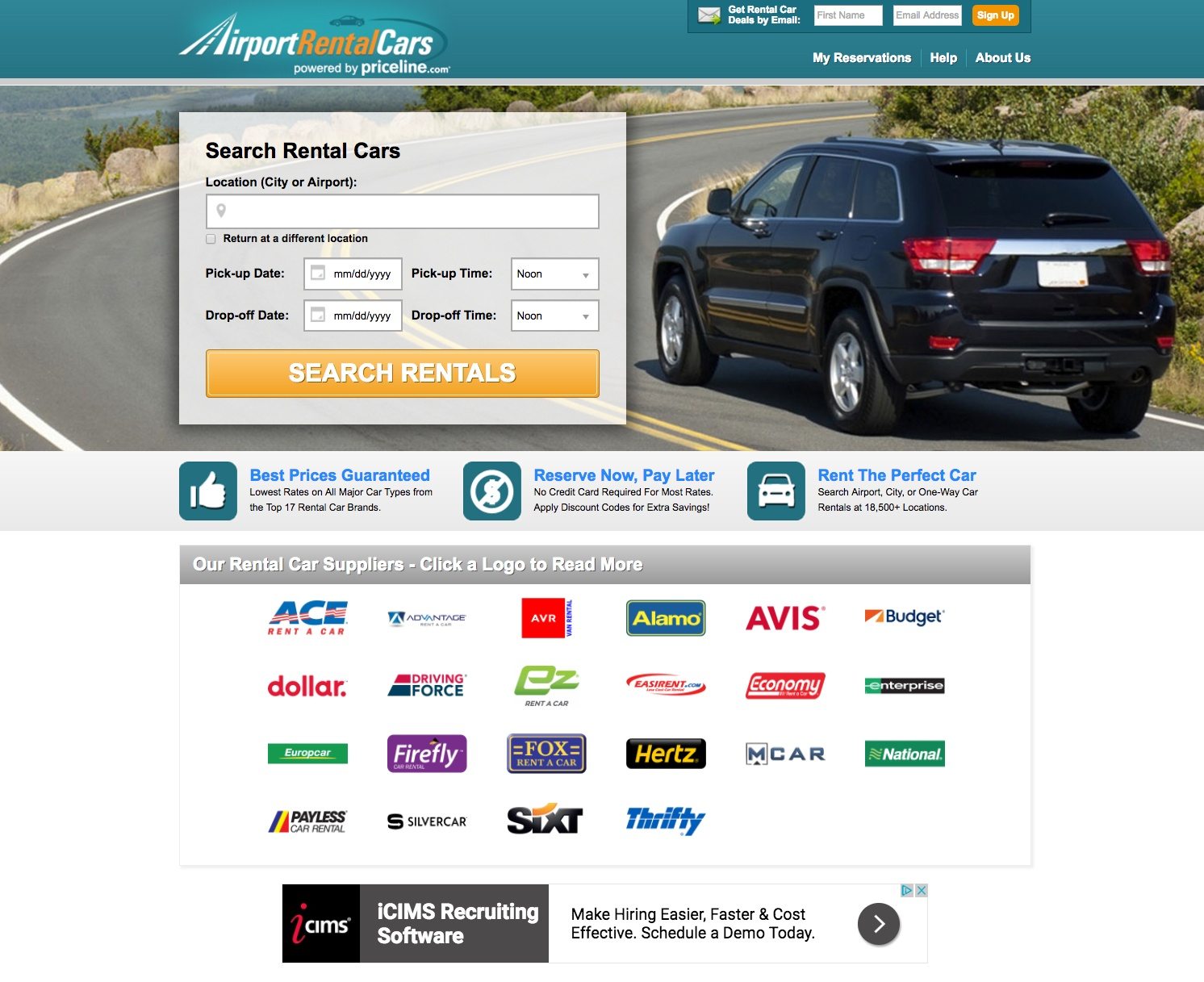 This picture shows marketers how Airport Rental Cars uses a travel post-click landing page to offer deals on rental cars to interested prospects.