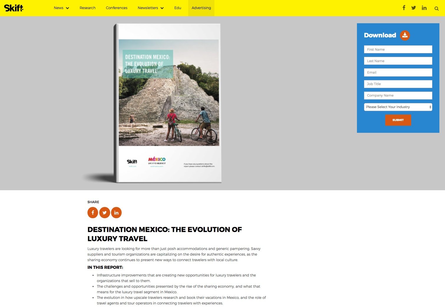 landing page for travel website This picture shows marketers how Skift uses a travel post-click landing page to generate leads by offering a report download on luxury travel in Mexico.