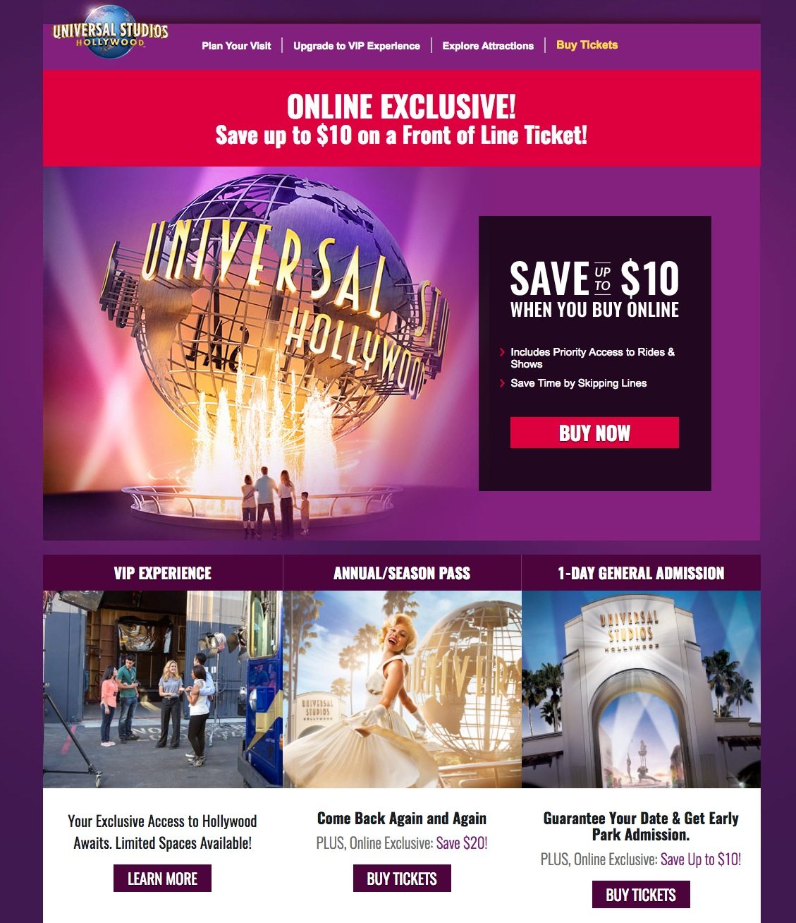 This picture shows marketers how Universal Studios Hollywood uses a travel post-click landing page to promote discounted prices on tickets to interested prospects.