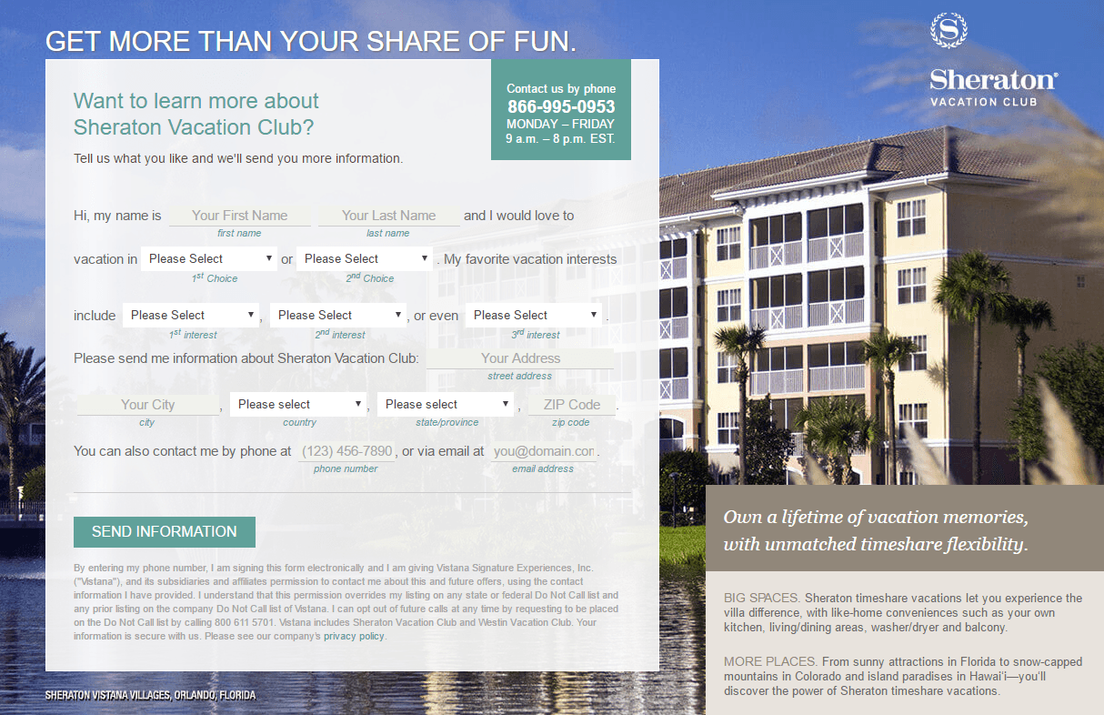 This picture shows marketers how Sheraton uses a travel post-click landing page to capture email addresses while promoting timeshare vacations around the world.