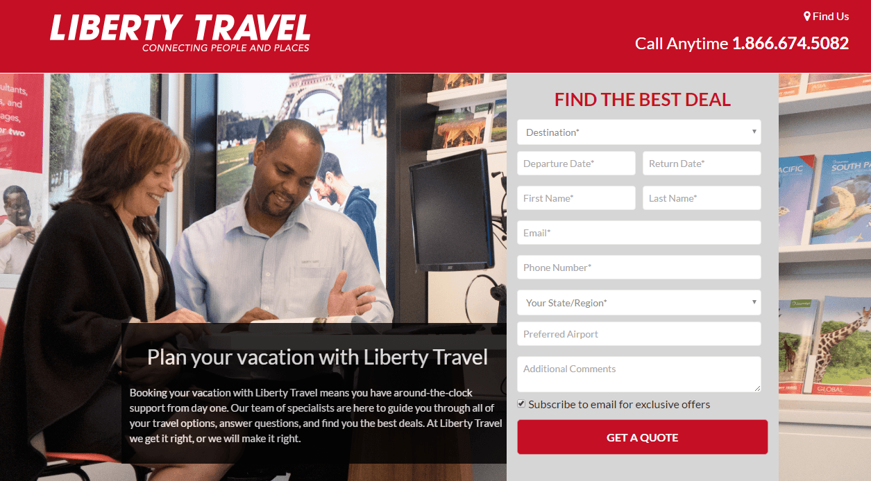 This picture shows marketers how Liberty Travel uses a travel post-click landing page to generate leads by offering free quotes on travel insurance.