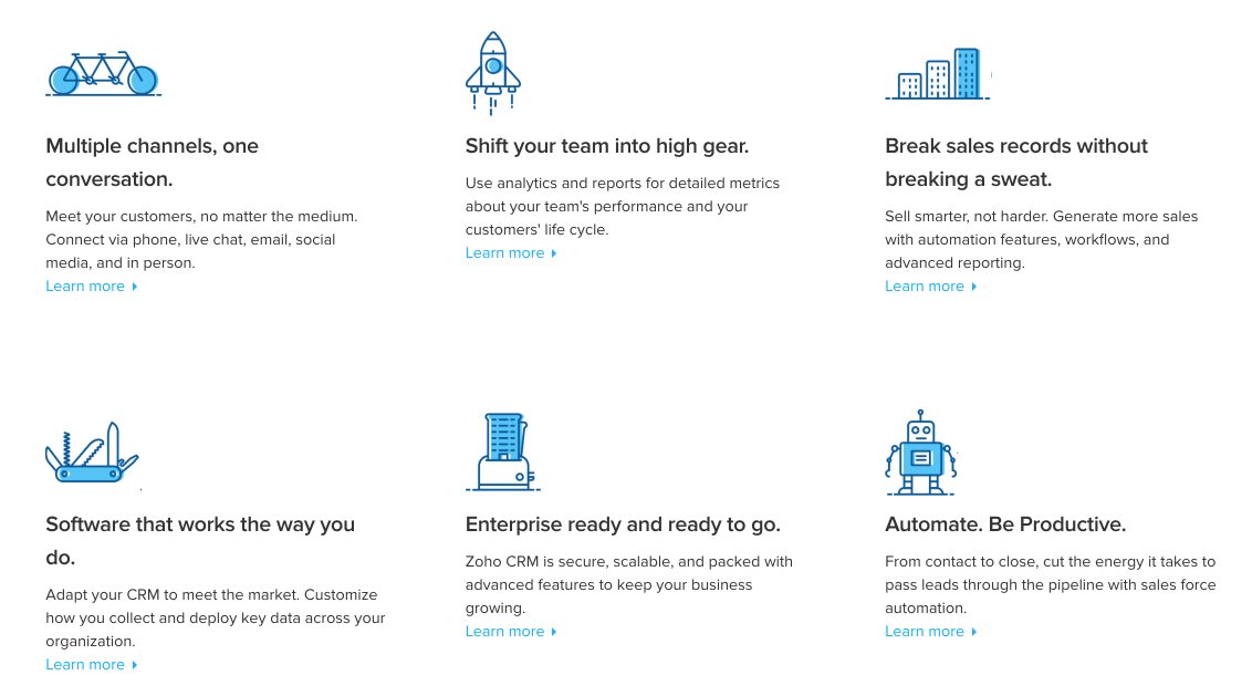 This picture shows marketers how Zoho CRM uses links to feature pages on its website homepage design.