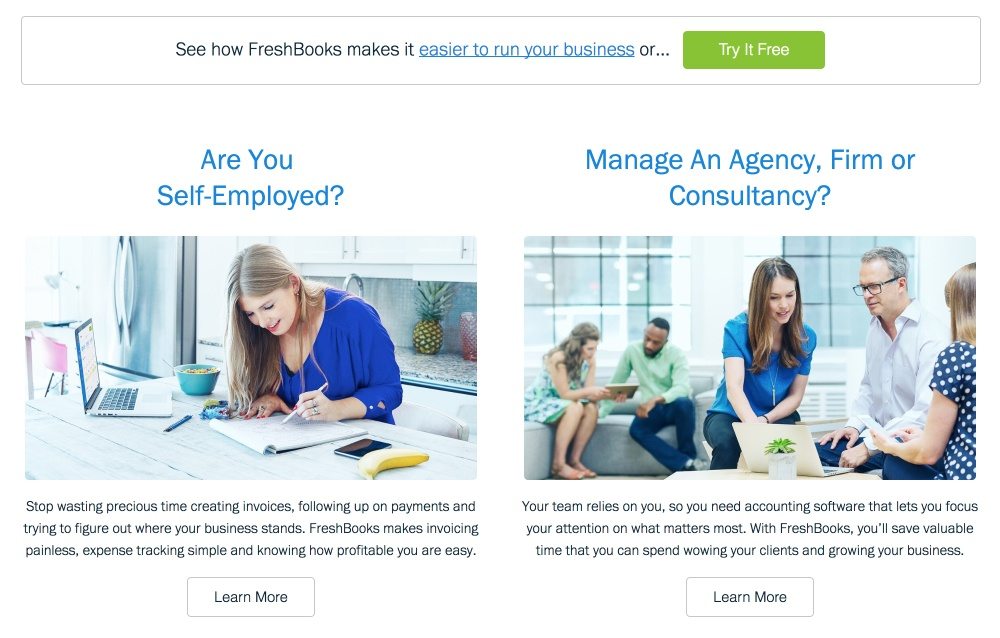 This picture shows marketers how FreshBooks uses a main CTA and a secondary CTA on its website homepage design.