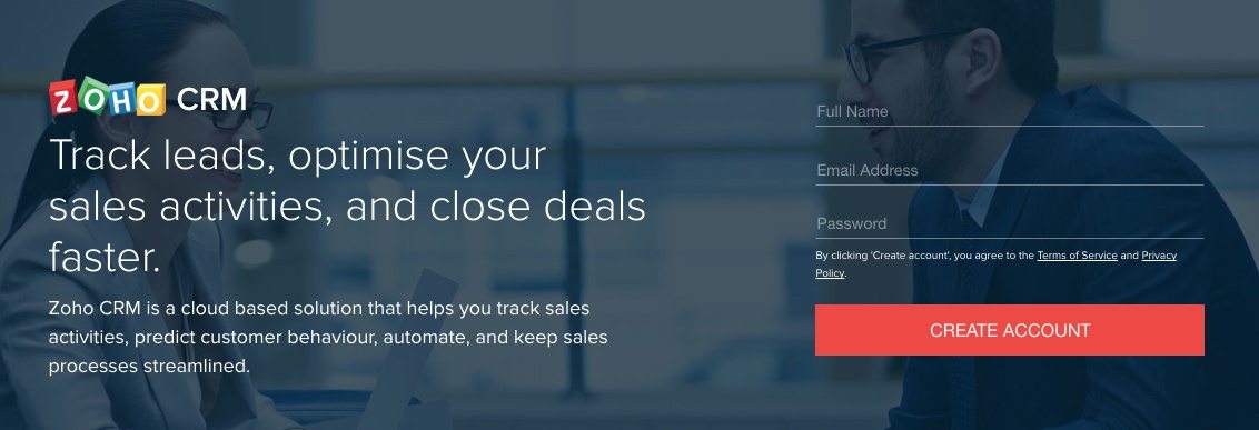 This picture shows marketers how Zoho removed their navigation links to increase user experience on its post-click landing page design.