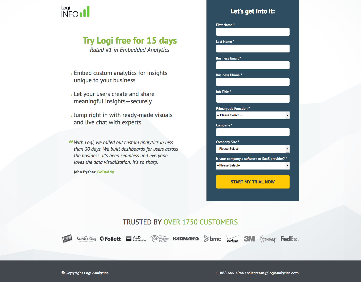 Logi Analytics post-click landing page Example