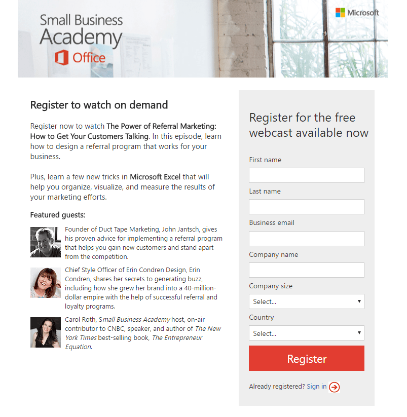 This picture shows marketers a Microsoft post-click landing page they used with their Facebook native video ad.
