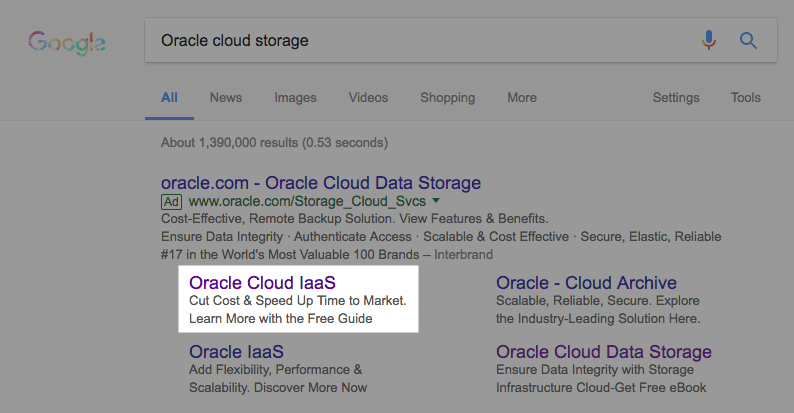 Oracle post-click landing page Google Ads extension link