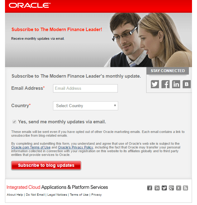 Oracle post-click landing page blog subscribe