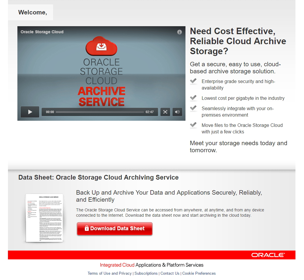 Oracle post-click landing page data sheet