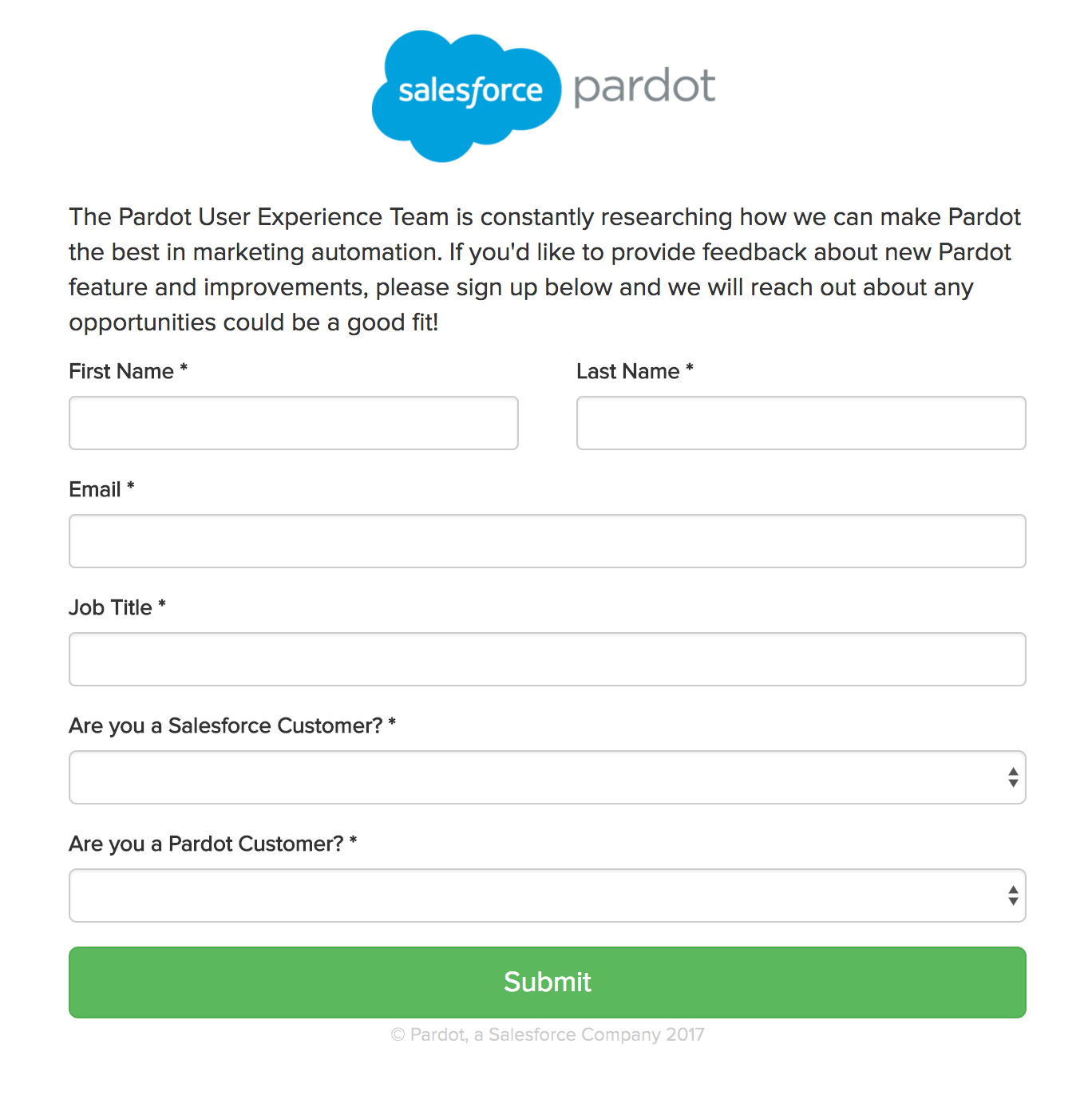 This picture shows marketers how Pardot uses a post-click landing page to persuade visitors to submit user feedback about their software.