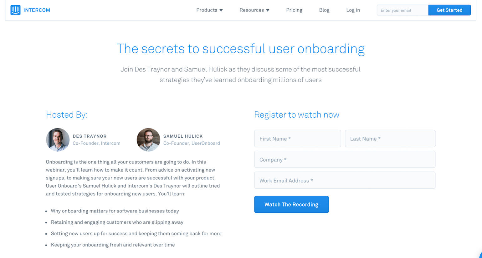 Intercom post-click landing page webinar