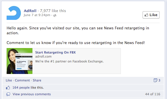  et eksempel på Adrolls remarketingannonce, der vises på Facebook ' s nyhedsfeed