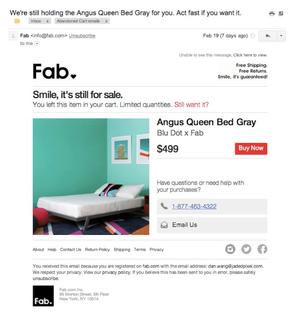  Ein Beispiel für die Einkaufswagen-Erinnerungs-E-Mail von Fab