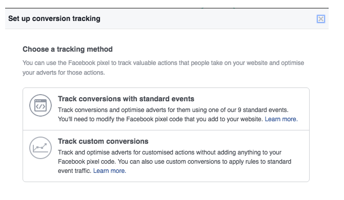  Facebooks Facebook-Remarketing-Kampagnen Ein Screenshot mit den Optionen zum Einrichten von benutzerdefiniertem Conversion-Tracking auf Facebook