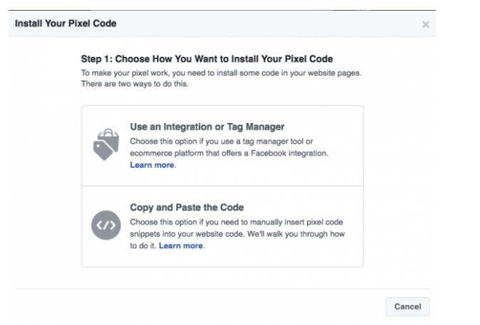 Uma imagem mostrando as opções de como instalar o Facebook do código de pixel