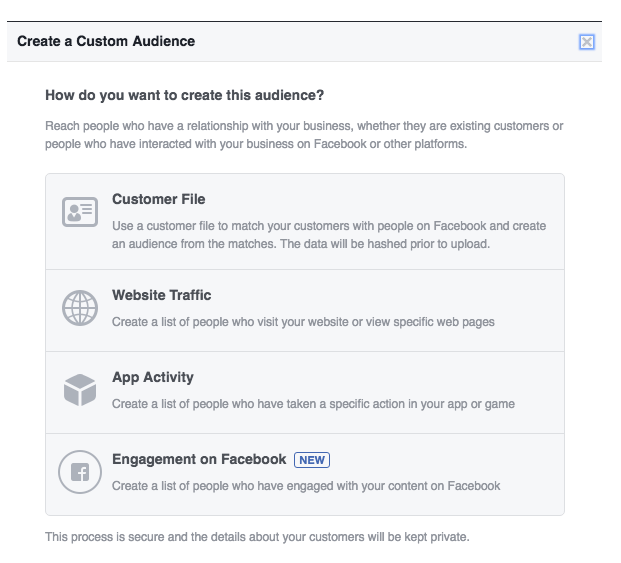  Options d'audience personnalisées affichées dans le tableau de bord de remarketing de Facebook 