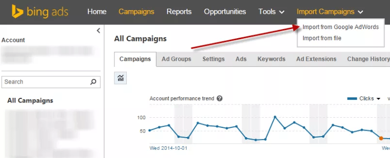 Campanha de importação do Bing Ads x Google AdWords