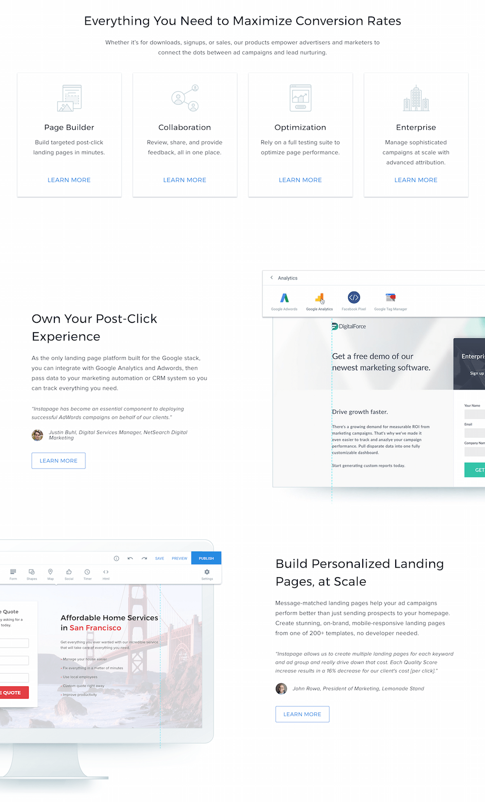 A/B testing homepage Instapage features