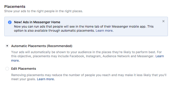 Các tùy chọn Vị trí Quảng cáo được hiển thị trong Facebook