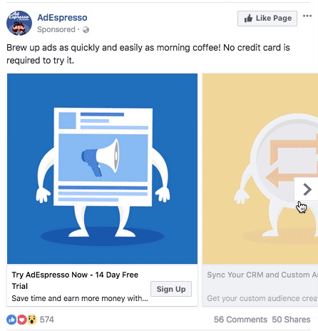 Gif của quảng cáo băng chuyền Facebook của AdEspresso bao gồm các hình ảnh có liên quan