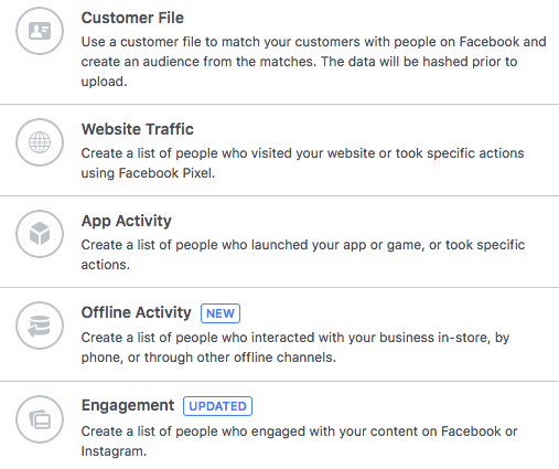 5 tùy chọn đối tượng tùy chỉnh chính được hiển thị cho Quảng cáo trên Facebook