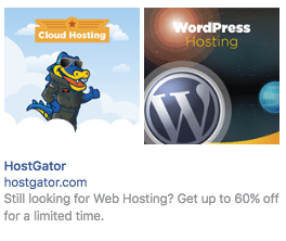 Ảnh chụp màn hình dòng tiêu đề quảng cáo Facebook của HostGator