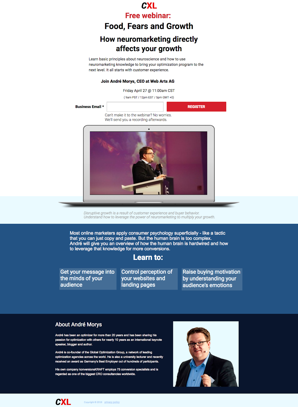 Screenshot shows an example of CXL webinar post click landing page