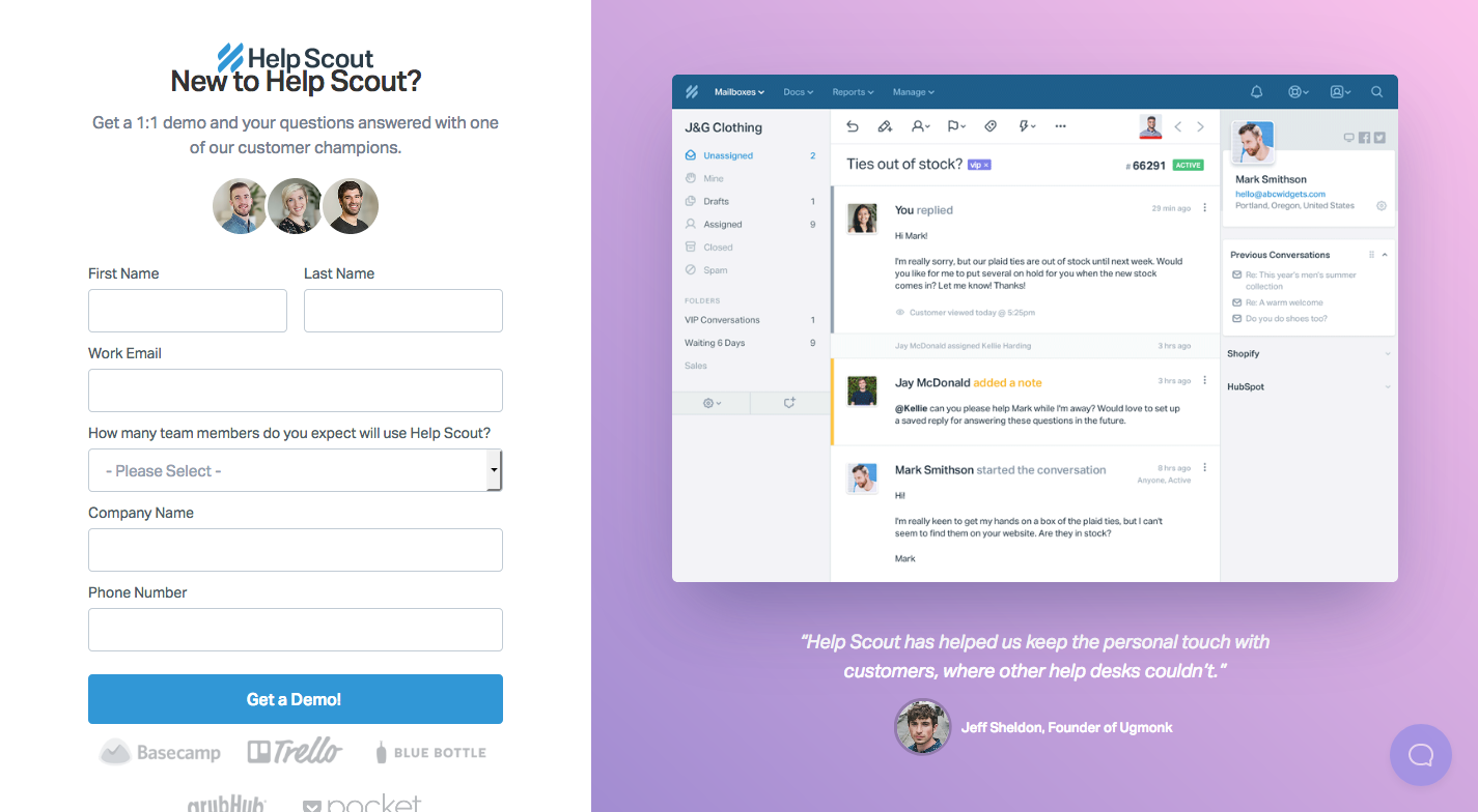 HelpScout post click landing page example