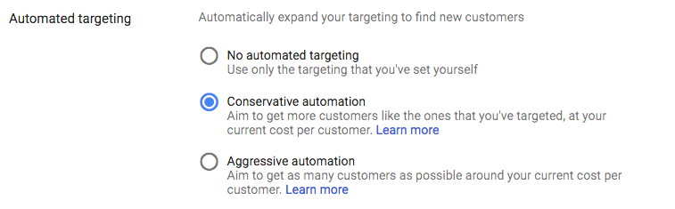 select automated targeting in Google Ads display advertising campaign