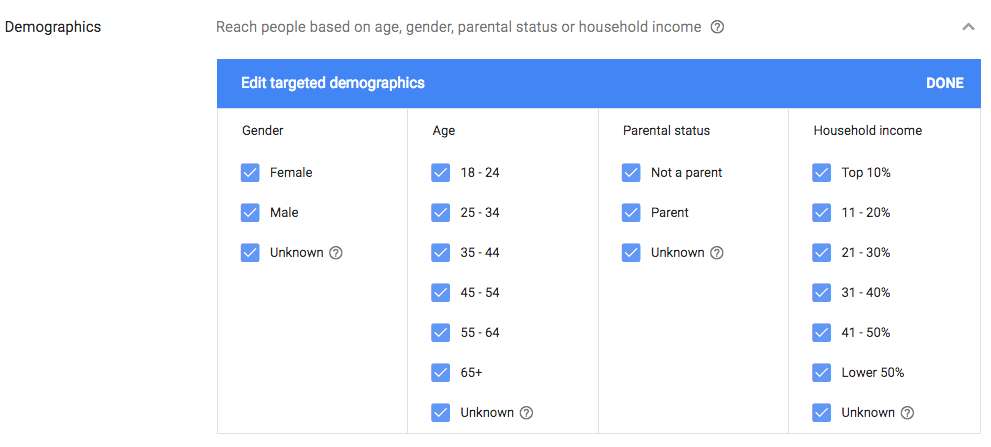 select demographic targeting in Google Ads display advertising campaign