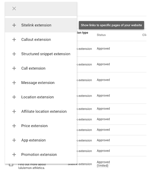 Opções de extensões do Google Ads