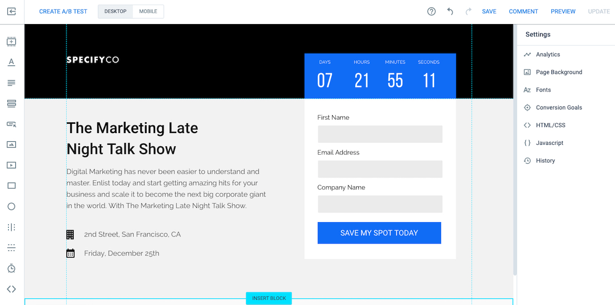 Instapage Pardot integration create form